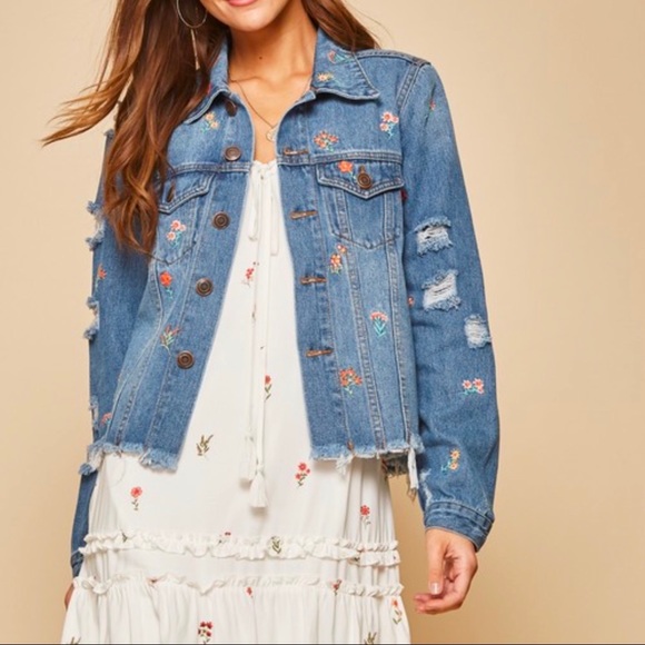 Distressed Denim Jacket Floral Embroidered Detail - Picture 16 of 16